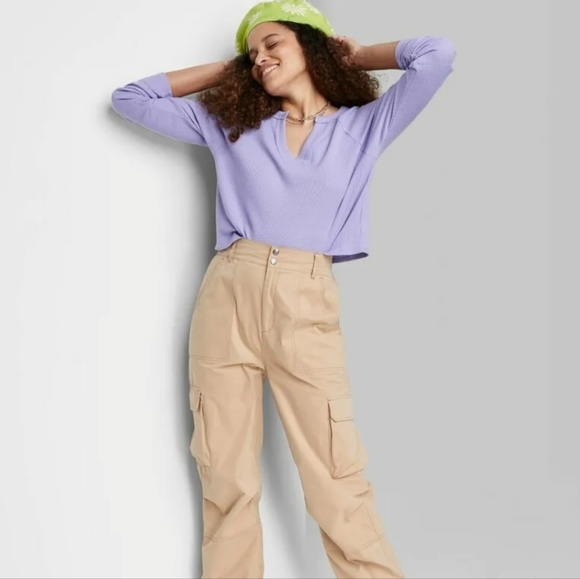 NWT WILD FABLE Women's Soft Purple Long Sleeve V-Neck Ribbed Boxy - Picture 2 of 6